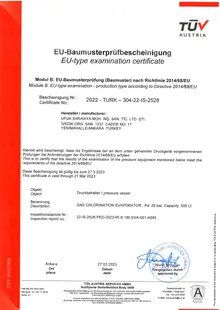 S.180 EVA Gaz Klor Evaporatörü CE ve PED Uygunluk Belgesi